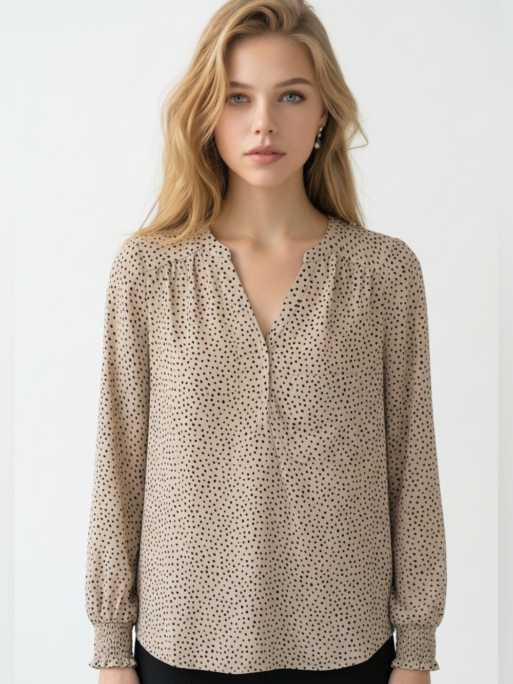 Pleione Women's V-Neck Long Sleeve Polka Dot Blouse Black‎ Size S - Picture 1 of 9